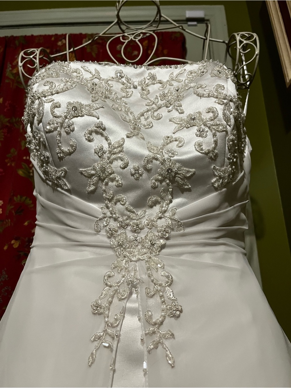 David’s Bridal White Beaded Strapless Wedding Gown with Lace Appliqué 12